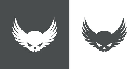 Símbolo pirata. Logo de calavera humana con expresión enojada y alas de ave para invitaciones y tarjetas de Halloween 