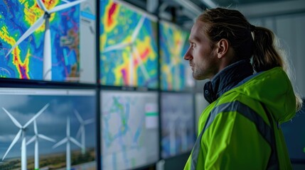 Wind resource mapping and analysis by meteorologists studying wind patterns and data on screens and dashboards to determine optimal placement of renewable energy wind turbines for a sustainable