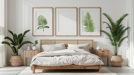 Poster mockup with three frames on a blank white wall in a bedroom with a bed, a green checkered rug, and a plant.