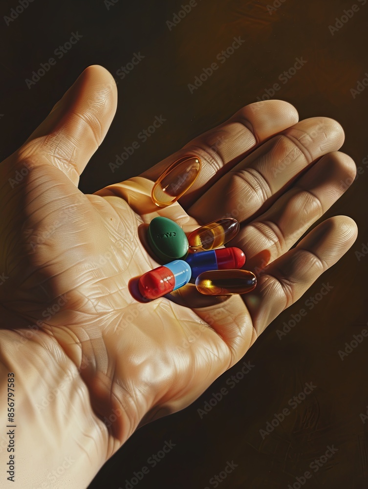 Poster a close-up shot of an open palm holding several colorful pills. the background is softly blurred, cr
