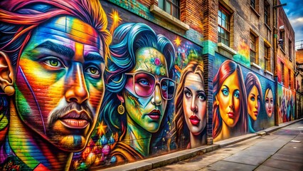 A Colorful Mural Of Various People'S Portraits Painted On A Brick Wall.