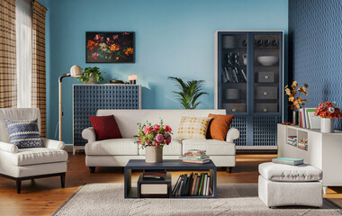 Cozy living room interior with blue walls. Modern design solution, 3d rendering
