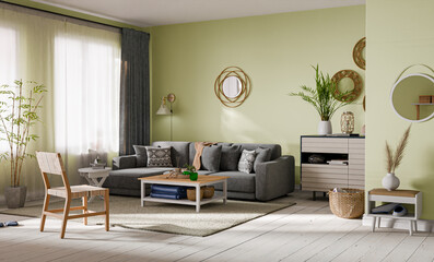 Cozy living room interior with green walls. Modern design solution, 3d rendering
