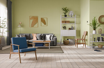 Cozy living room interior with green walls. Modern design solution, 3d rendering