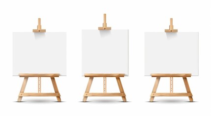 There is a wooden easel or painting art board with a white canvas front and side view. A mockup of a blank poster, a cloth or paper backdrop, and artist equipment. A realistic 3D illustration of a