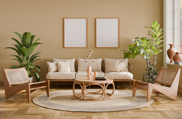 Contemporary interior design of the living room in soft neutral tones. Interior mockup, 3d render	