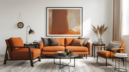 This is a mockup of a modern living room interior with orange furniture including a sofa, armchair and coffee table, all set against a framed photo on the wall in a stylish setting.