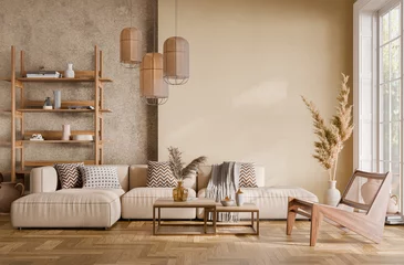 Contemporary interior design of the living room in soft neutral tones. Interior mockup, 3d render 