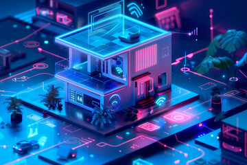 Modern Smart home technology connected appliances with wireless Innovation technology internet Network in vibrant color. System intelligent control house.