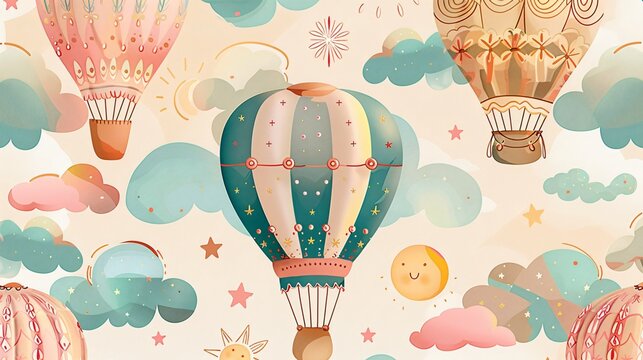 Fototapeta Sweet nursery art watercolor painting abstract wall art for kids, children feature cute little balloons on the sky background, wallpaper
