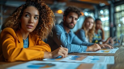 A photographic style of a data analysis team meeting, financial analysts reviewing charts and graphs on a whiteboard, modern conference room, natural light, professional attire, collaborative effort.