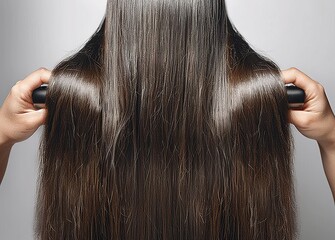 Fototapeta premium A woman is holding a hair brush and combing her long brown hair