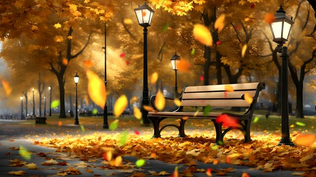 Autumn in the city's roadside park is so beautiful. Colorful leaves fall, and there are wooden benches to rest on,  Seamless looping 4k time-lapse animation video background