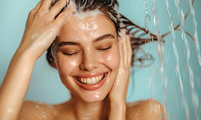 Naklejka premium Attractive Young Woman Shampooing Her Hair