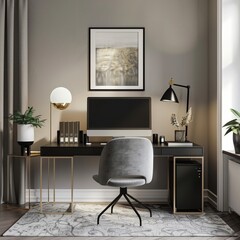 On a desk with an empty white poster, there is a computer set in a home style interior set.