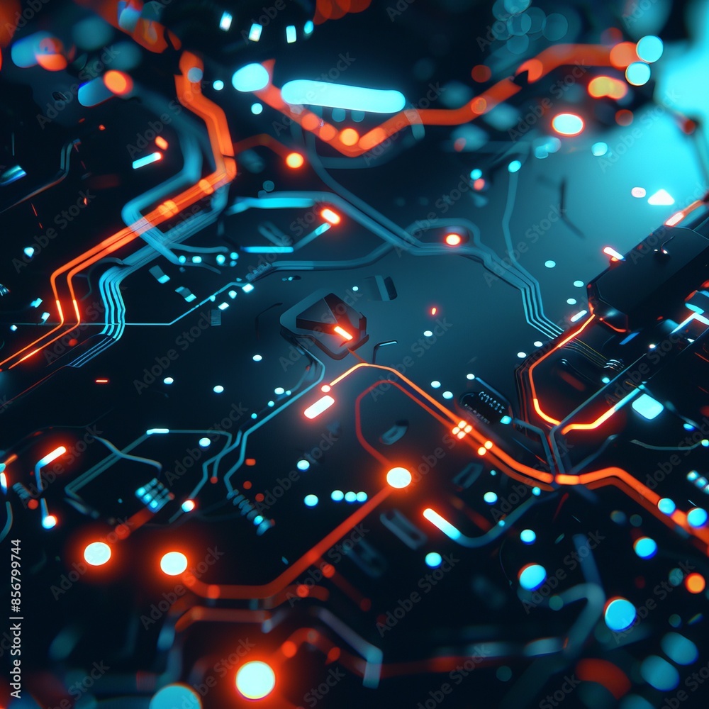 Poster detailed view of intricate microchip circuits with soft, ethereal glow at its core