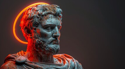 Ancient Stone Statue with Neon Halo in Dramatic Lighting