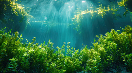 green seaweed in the deep sea, light reflections,