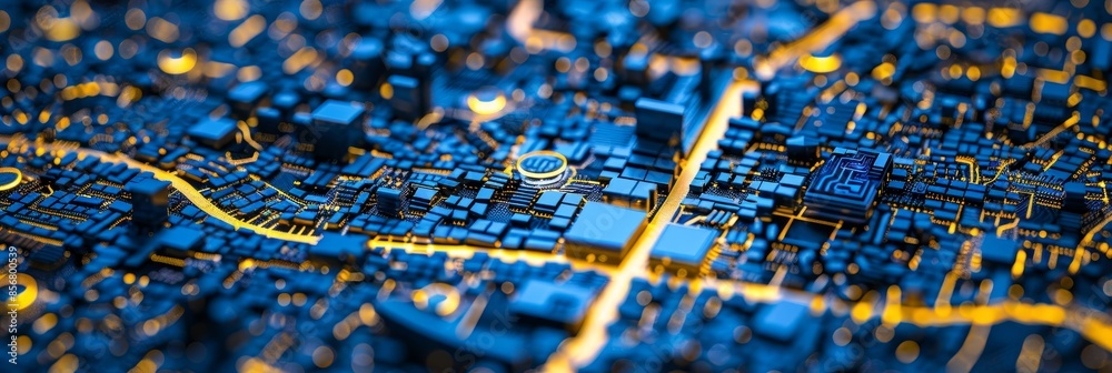 Poster hyper realistic close up view of computer chip with intricate circuitry and soft glowing details