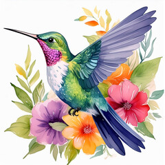 Obraz premium Vibrant Watercolor Hummingbird with Colorful Flowers and Leaves