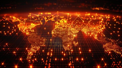 Fototapeta premium Illustrating global connectivity, a digital world map gleams with glowing points and interconnected lines, portraying data transfer across continents in a contemporary design. 