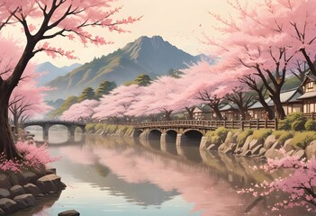 Fototapeta premium Beautiful view of Kawazu Sakura. Generative Ai.