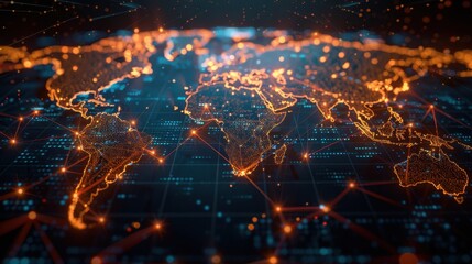A digital world map with glowing points and lines connecting different locations, illustrating global connectivity and data transfer across continents.
