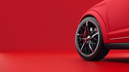 Fototapeta na wymiar Red background with a picture of a car wheel. Poster design. Three-dimensional illustration.