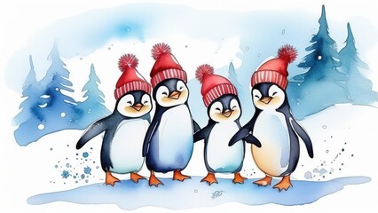 Obraz premium Cute funny penguins in red hats against the background of mountains