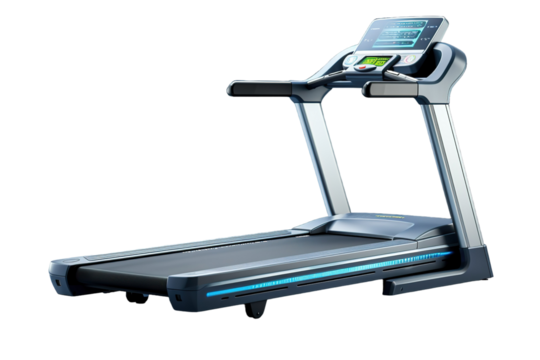 Modern Treadmill With Illuminated Running Deck for Home Fitness on a Clear PNG or White Background.