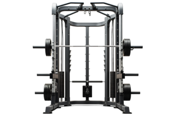A Steel Cage of Strength: A Modern Fitness Center Power Rack Awaits Its User on a Clear PNG or White Background.
