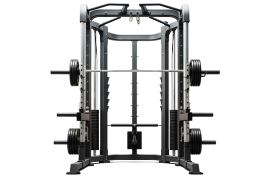 A Steel Cage of Strength: A Modern Fitness Center Power Rack Awaits Its User on a Clear PNG or White Background.