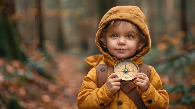A cute little explorer holding a compass, showing a thumbs-up, on a green background. Copy space for text.