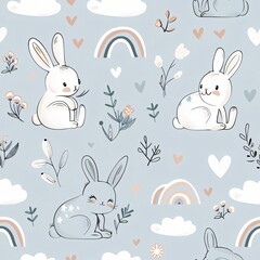 Fototapeta premium Sweet nursery art watercolor painting wall art for kids, children feature cute bunny rabbit pattern blue pastel background, wallpaper