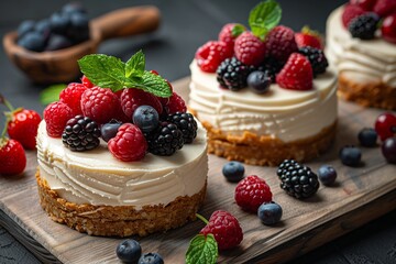 Mini Cheesecakes Topped With Fresh Berries and Mint