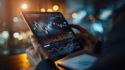 Businessman using a tablet to analyze stock market growth and trading data, warm natural light providing a clear view of the charts