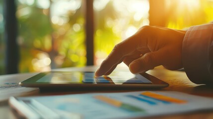 Obraz premium Close focus on a businessman’s hand navigating investment achievement diagrams on a tablet, bright natural light