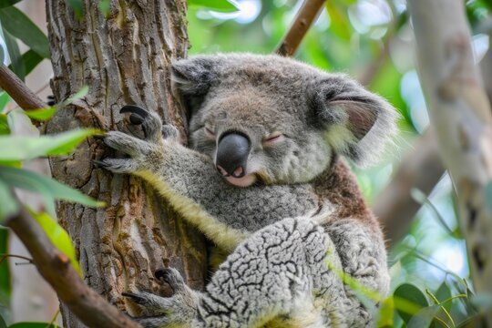 Cute adult koala from australia sleeping on tree