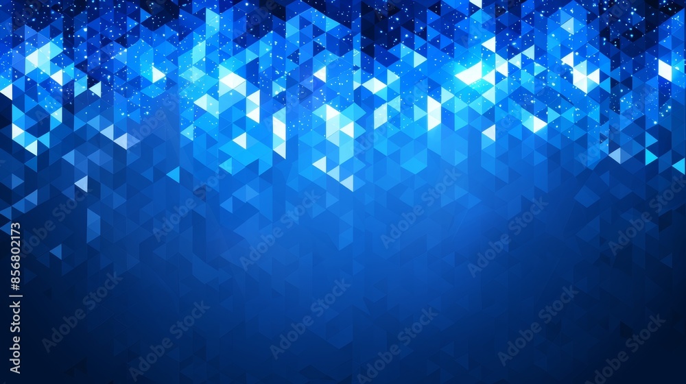 Poster shimmering pixel triangles overlapping in geometric pattern on deep blue gradient background