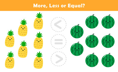Comparison Worksheet with Cute Cartoon Fruit for Kids. Counting Games for Preschoolers. More or Less Worksheet for Kindergarten.	