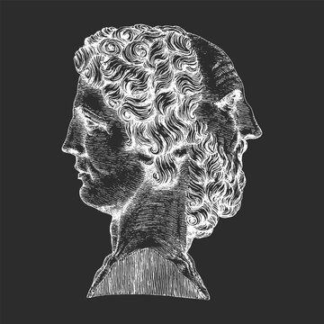 Janus, the Roman deity, drawing in engraving style