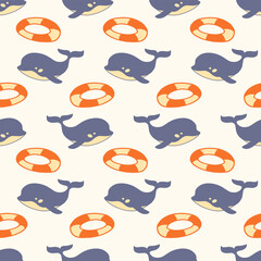 Doodle Whales Swimming Circles Seamless Pattern