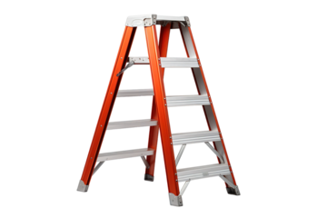 A Sturdy Orange Step Ladder With Four Rungs Awaits Its Task on a Clear PNG or White Background.