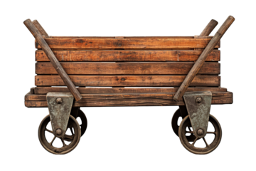 A Rustic Wooden Wagon With Worn Metal Wheels on a Clear PNG or White Background.