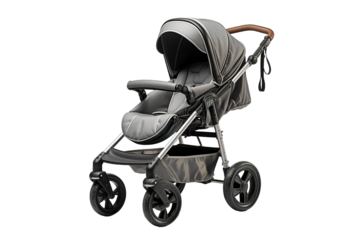 A Sleek And Stylish Grey Stroller Ready For A Sunny Day Out on a Clear PNG or White Background.