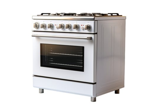 A Modern White Stove With Shiny Burners and a Gleaming Oven Door on a Clear PNG or White Background.