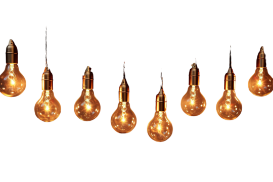 A String Of Golden Light Bulbs On A White Background on a Clear PNG or White Background.