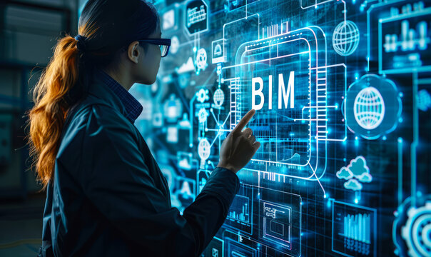 Business Professional Operating a Building Information Modeling (BIM) System with Interactive Digital Interface