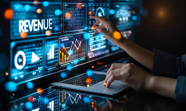 Business executive increases revenue streams by leveraging digital platforms and online monetization strategies, symbolized by glowing icons emerging from a laptop display