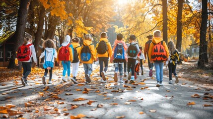 Friends in halloween costumes strolling through sunset lit street with fallen leaves